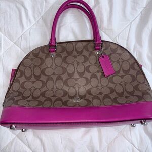 Coach Khaki Signature Dome Satchel with Bright Pink Trim